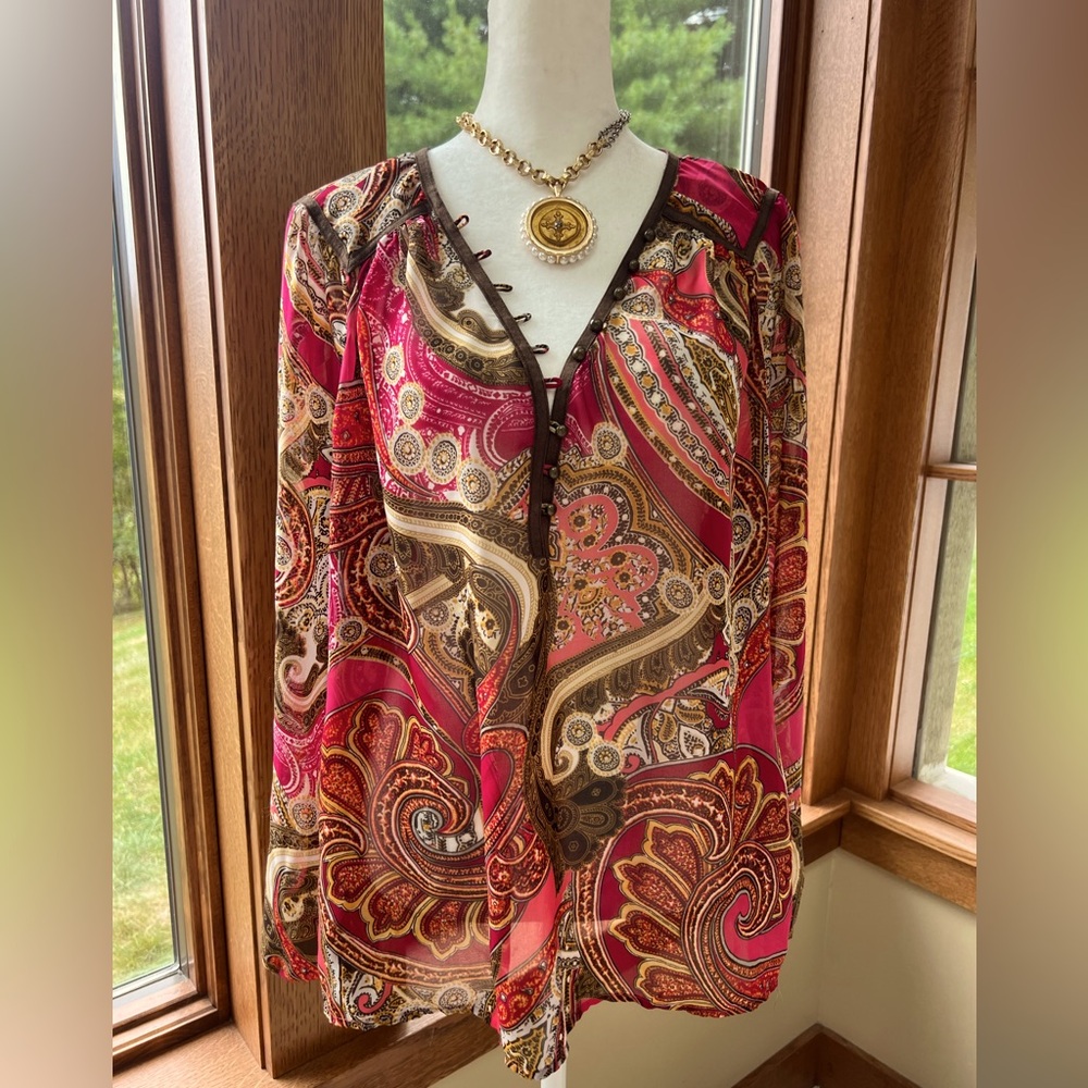 Vintage Cache Sheer Blouse Paisley Red & Brown Size XL